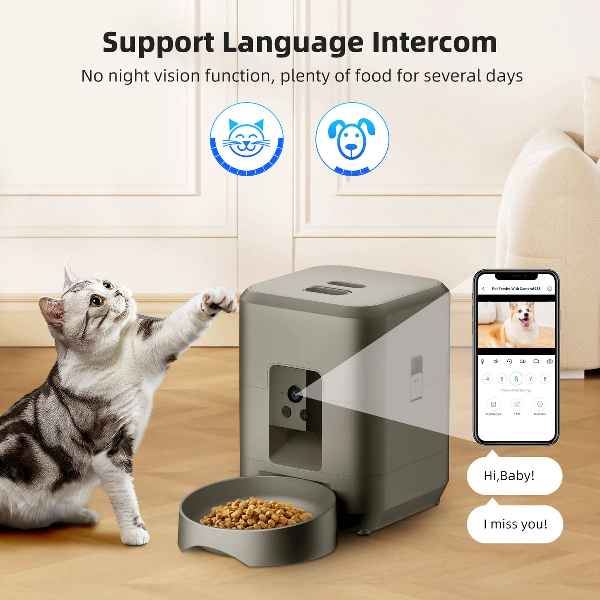2L Automatic Pet Feeder Cat Smart Pet Feeder Wi-Fi & Camera Controlled Feeder Dog & Cat Food Dispenser Remote App (No 5V 2A Plug