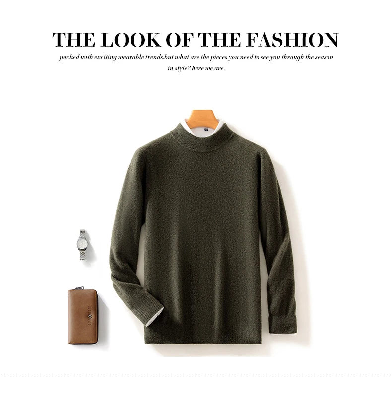 Autumn and Winter Half-high Neck 100% Pure Wool Men's Long Sleeve Leisure Sweater Knitwear