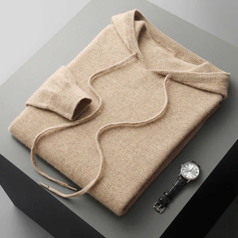 Men's 100% Merino Wool Two-piece Suit Knitting Hooded Collar Pullover and  Wide-leg Pant Autumn Winter Thickened Warm Sweater