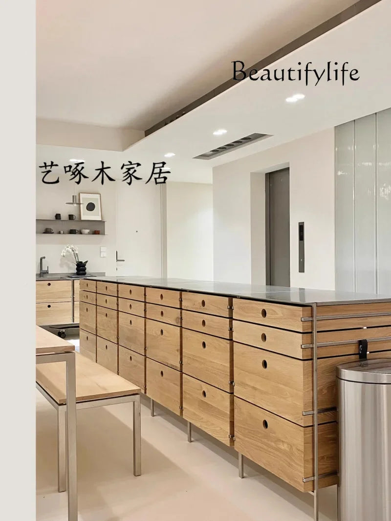 X Nordic Original Oak Chest Cabinet, Log Dining Side Storage Cabinet, Minimalist Stainless Steel Multi-functional Cabinet