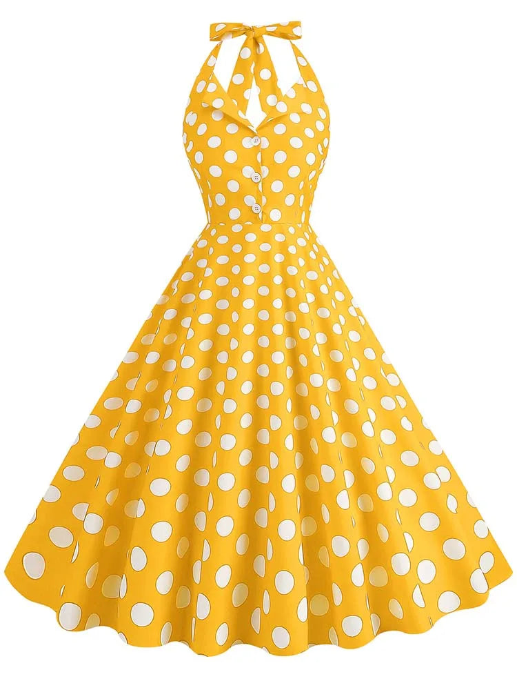 Sexy Retro Polka Dot Halter Dress Women Audrey Hepburn 50s 60s Vintage Gothic Pin Up Rockabilly Clothing