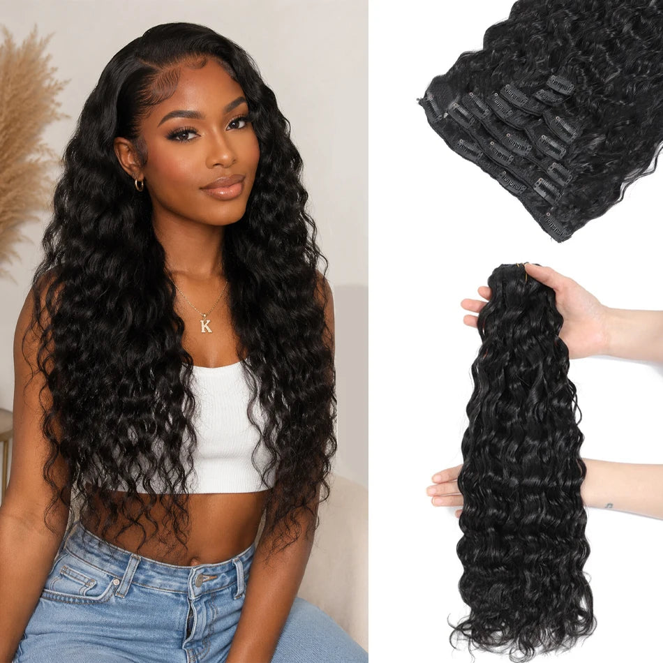 12A Curly Clip in Hair Extensions Brown Water Wave Real Remy Human Hair Clip in Extensions for Women Curly Clip Ins 7pcs 120g