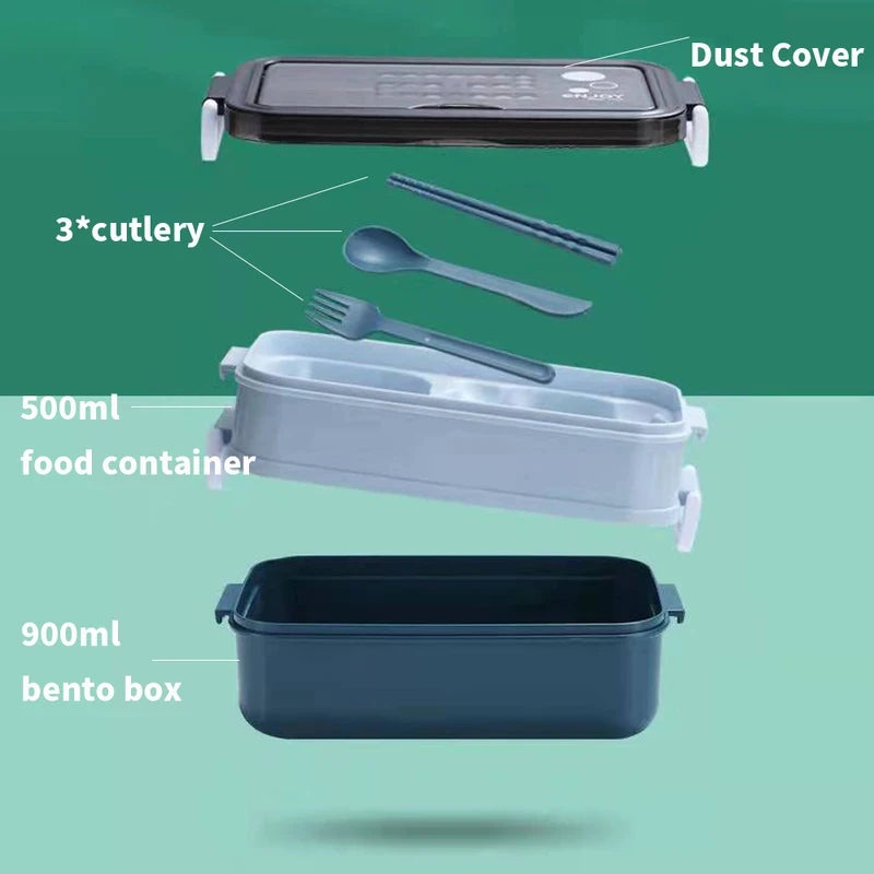 1Pc 1400ml Double-Layer Lunch Box, Portable Compartment Food Container, Microwave Safe with Fork, Chopsticks & Spoon for Picnic