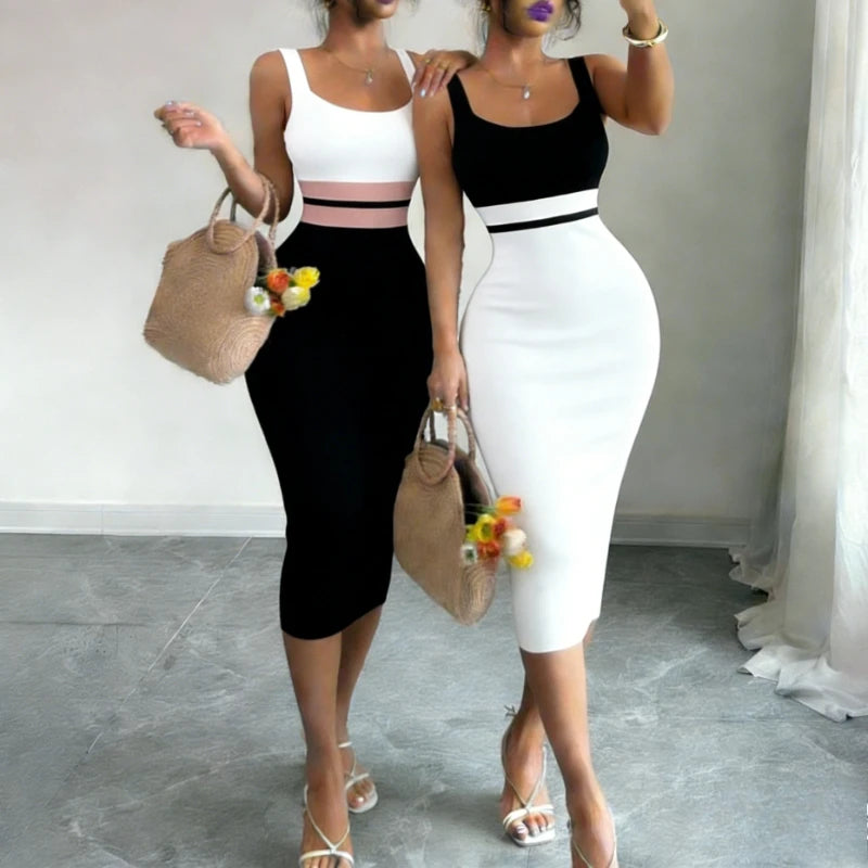 Women's White Black Patchwork Block Square Neck Sleeveless Stretchy Knit Bodycon Midi Dress Elegant Summer Daily Party Dress