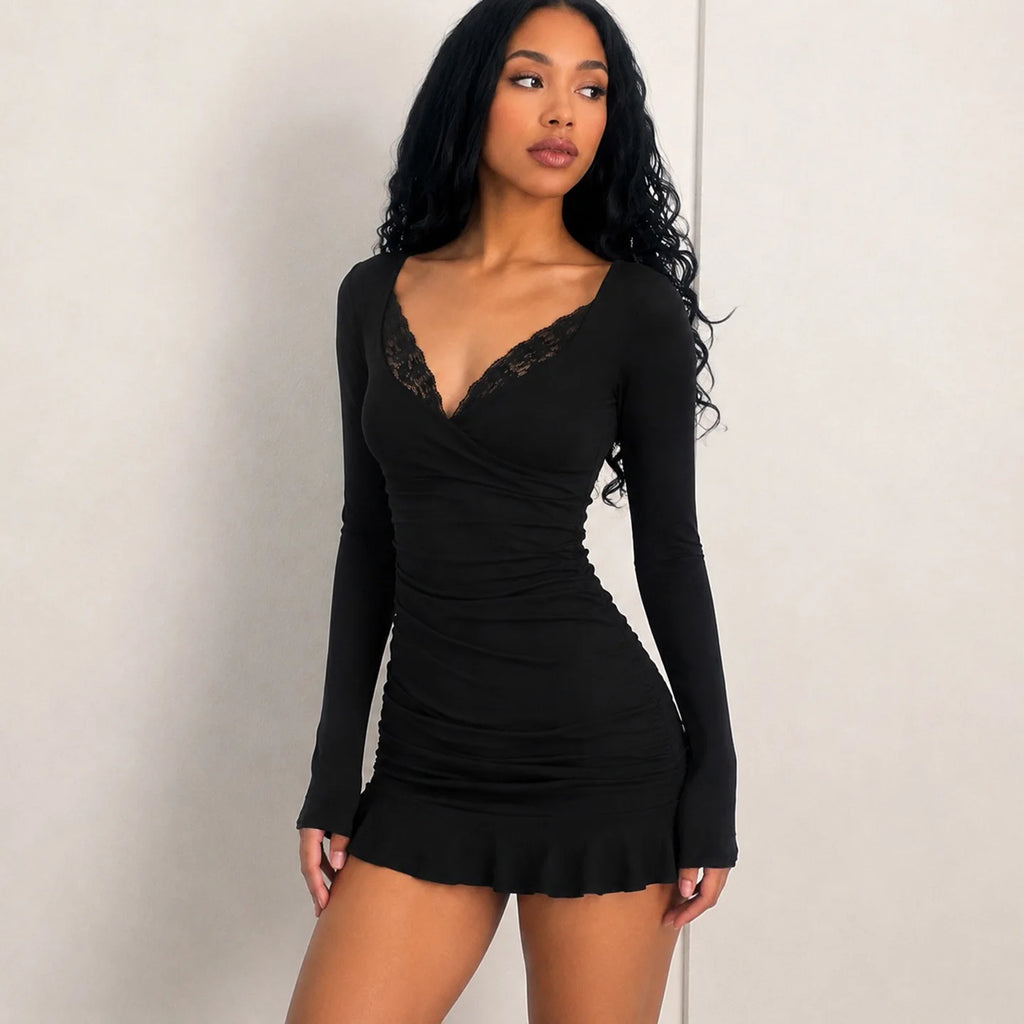 Fashionable Deep V-Neck Lace Panel Slim Fit Sexy Pleated Short Skirt Dress High Waist Milk Fiber Long Sleeve for Neutral Use