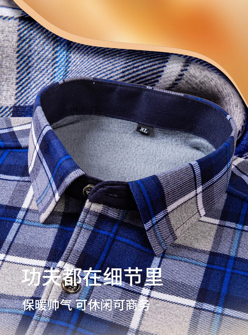 Winter Warm Shirts For Men Regular Fit Thicker Velvet Top Blouse Asia Plus Size Big Plaid Casual Clothing Long Sleeves Shirts