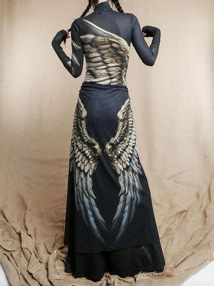 CHEERART Vintage Wing Feather Long Sleeve Dresses Fall 2025 Fashion Woman Turtleneck Mesh A Line Maxi Dress Evening Luxury