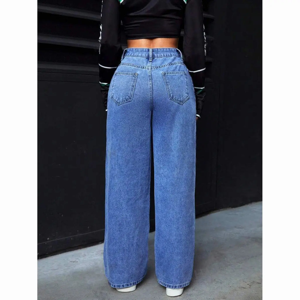 American Women's Blue Washed High-Waisted Straight-Leg Jeans Loose Fashion Front & Back Pockets Jeans Suitable Daily Casual Wear