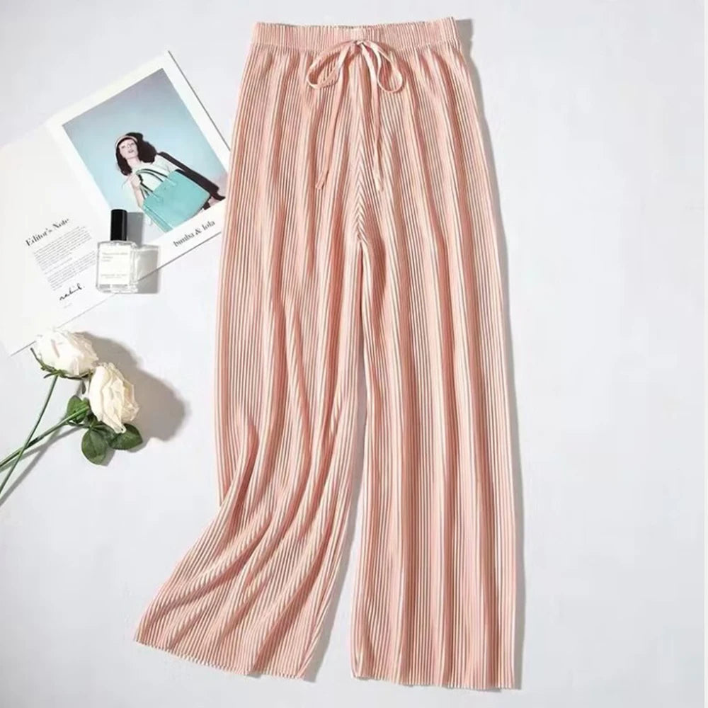 Women Fashion Summer Wide Leg Pants Pleated Ice Silk Trousers Elastic Waist Loose Casual Classic Base Girls Gifts Wear Pants