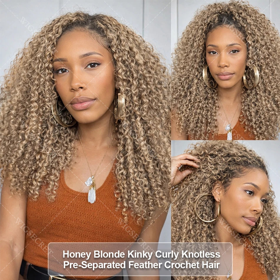Highlight Honey Blonde Kinky Curly Human Hair Extensions For Braiding Knotless Pre-Separated Feather Crochet Human Hair Bundles