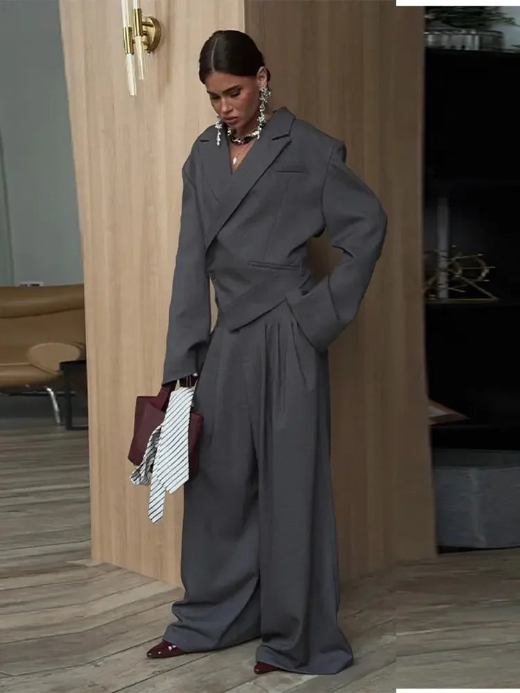 Pockets Loose Turn-down Collar Women Set Irregular Lapel Crop Suit Jacket Pleated Wide Leg Pants 2026 Spring Autumn Outfits