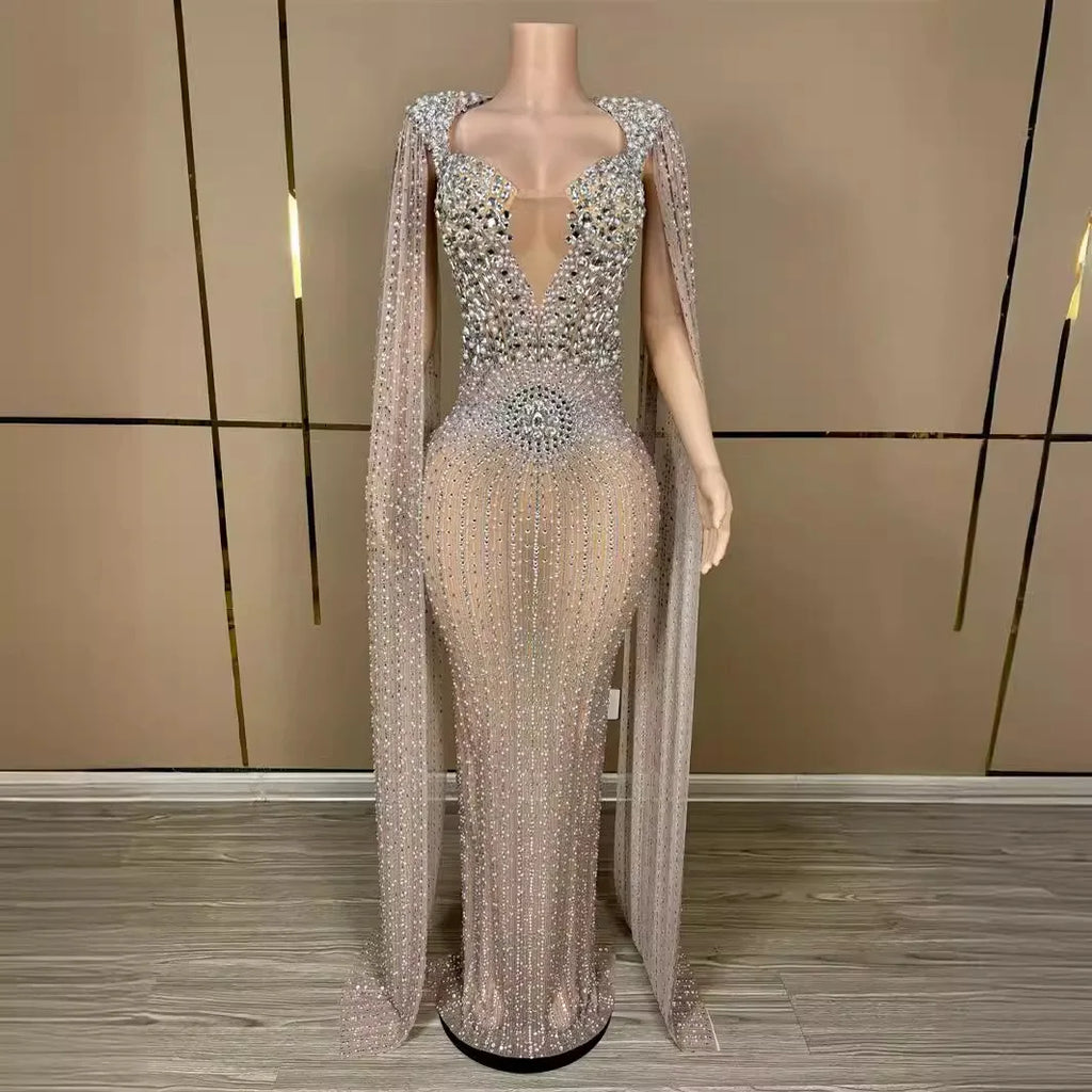 Luxury Sparkling Champagne Large Crystal Transparent Long Train Dress Set Birthday Celebration Dress Evening Wedding Dance Dress