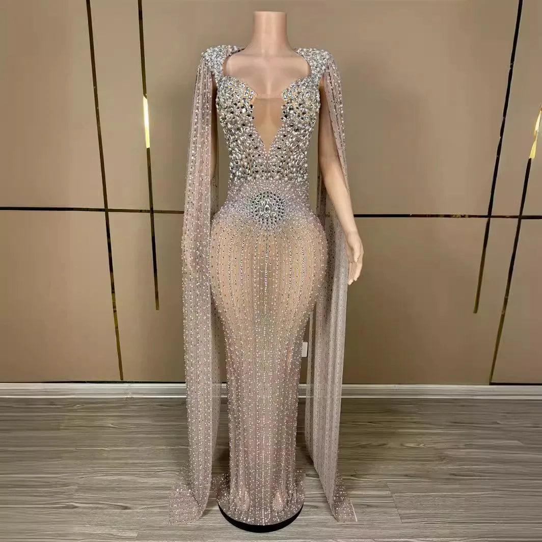 Luxury Sparkling Champagne Large Crystal Transparent Long Train Dress Set Birthday Celebration Dress Evening Wedding Dance Dress
