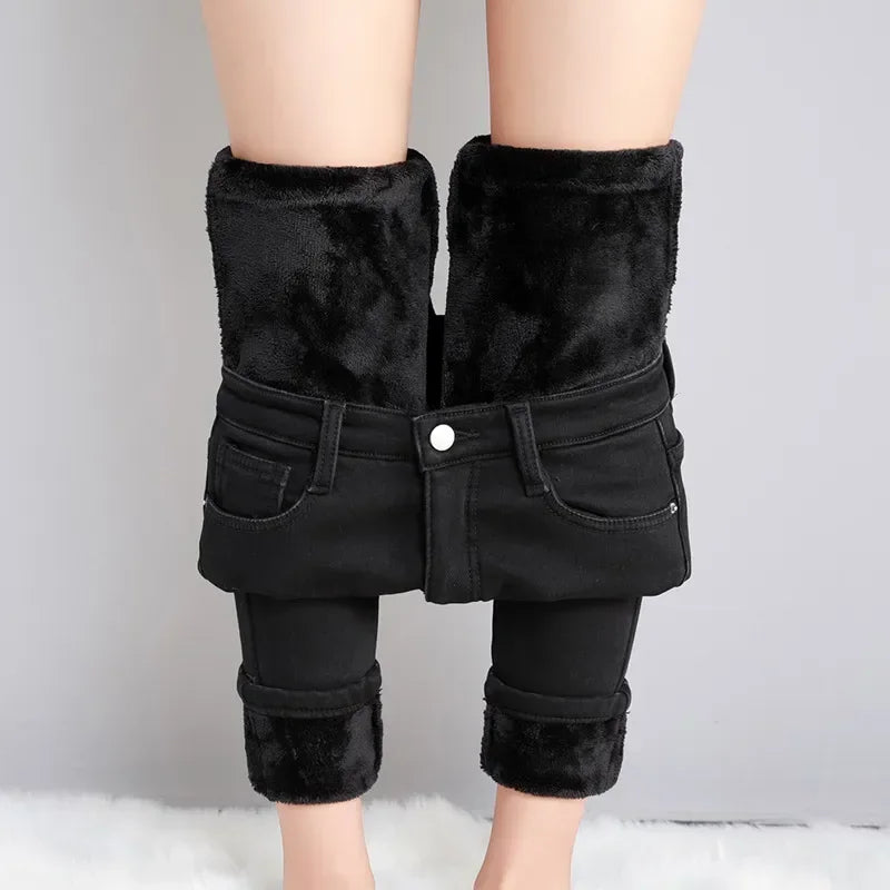 Women Thermal Jeans Winter Snow Warm Thickened Fleece Stretch Skinny Pencil Pants Fashion Korean Slim Fit Velvet Plush Pants