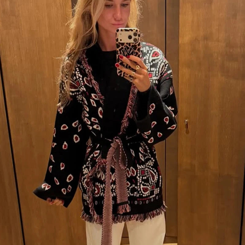 2026 Spring Tassel Knitted Jacquard Women's Cardigans Loose Patchwork V-neck Long Sleeve Thick Warm Sweater Lady New Knitwear