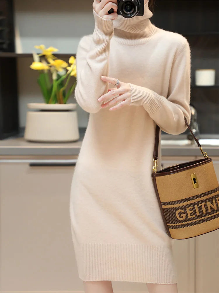 Elegant Cashmere Sweater Womens Dresses 100% Merino Wool Autumn Winter Turtleneck Knitted Dress Female Casual Long-Sleeve Skirts