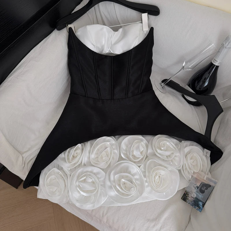 Women's Sweet Slash Neck Sleeveless Slim Waist Short Mini Dress French Retro 3D Rose Birthday Dress Spicy Girl Floral Bud Dress