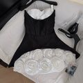Women's Sweet Slash Neck Sleeveless Slim Waist Short Mini Dress French Retro 3D Rose Birthday Dress Spicy Girl Floral Bud Dress