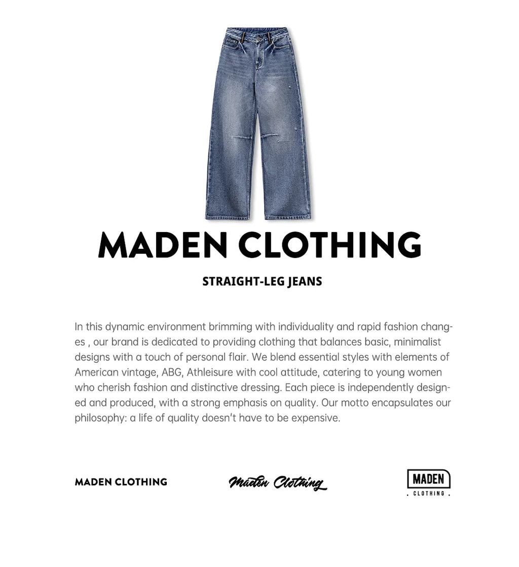 Maden Women's Vintage Low Waist Denim Jeans Heavyweight Washed Casual Long Pants with YKK Zipper for Spring and Autumn