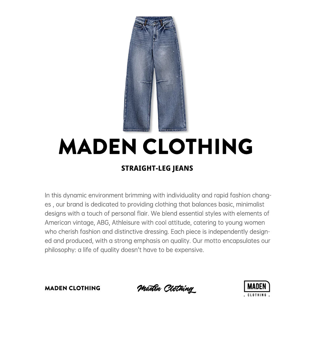Maden Women's Vintage Low Waist Denim Jeans Heavyweight Washed Casual Long Pants with YKK Zipper for Spring and Autumn