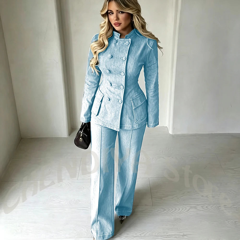 Women‘s Dark Blue Denim 2-Piece Suit Set Tailored Double Breasted Stand Collar Smart Casual Streetwear Chic Daily Outfits