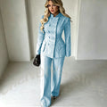 Women‘s Dark Blue Denim 2-Piece Suit Set Tailored Double Breasted Stand Collar Smart Casual Streetwear Chic Daily Outfits