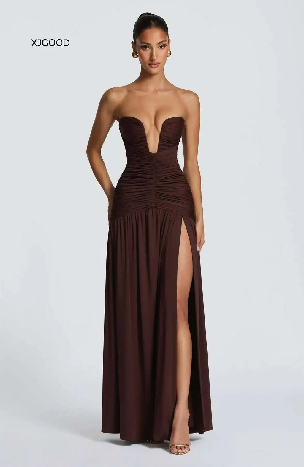 Women's Strapless Pleated High Slit Long Skirt Sexy Pure Color mid Waist Polyester Fiber V-neck Sleeveless Slim Fit Dress