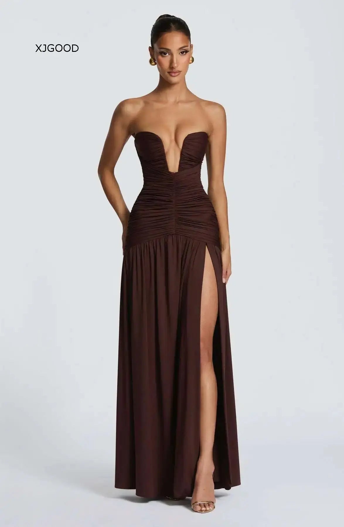 Women's Strapless Pleated High Slit Long Skirt Sexy Pure Color mid Waist Polyester Fiber V-neck Sleeveless Slim Fit Dress