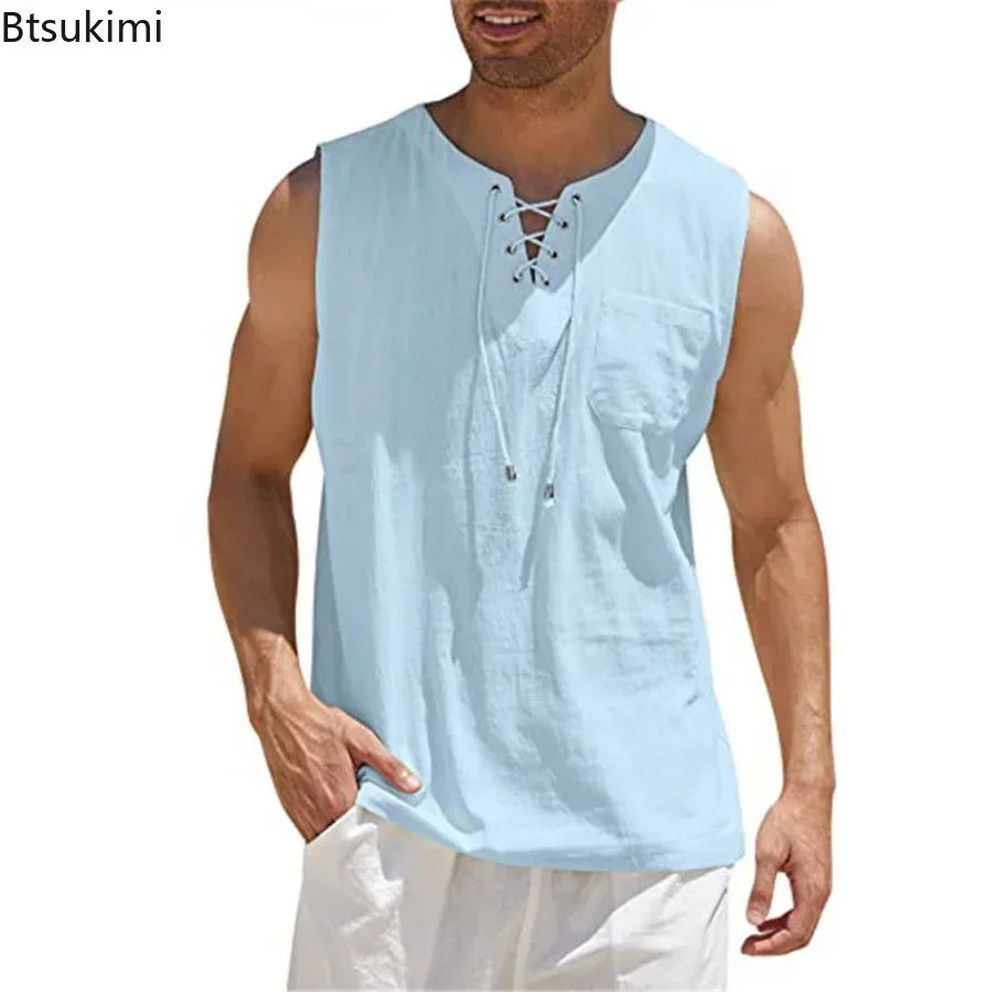 New 2026 Men's Casual Cotton Linen Tank Tops Men Drawstring V Neck Sleeveless Shirts Summer Casual Shirt Gym Fitness Vest Tops