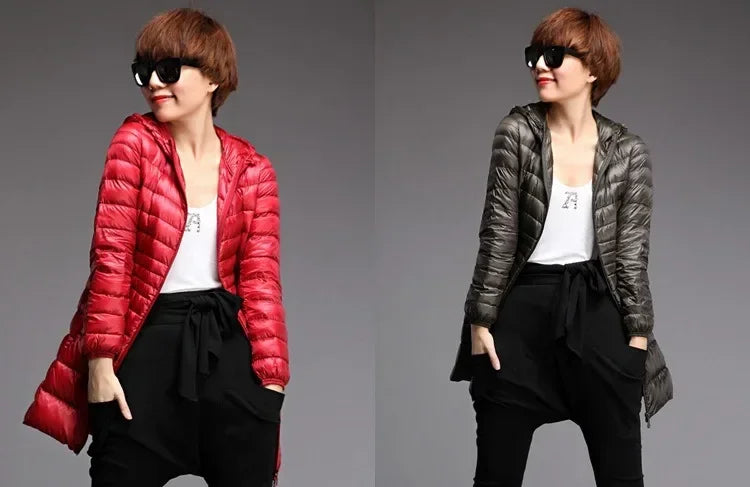 Plus Size White Duck Down Jacket Light-weight Down Jacket Women Inner Cloth Coat Ladies Long Winter Hat Hooded Femal