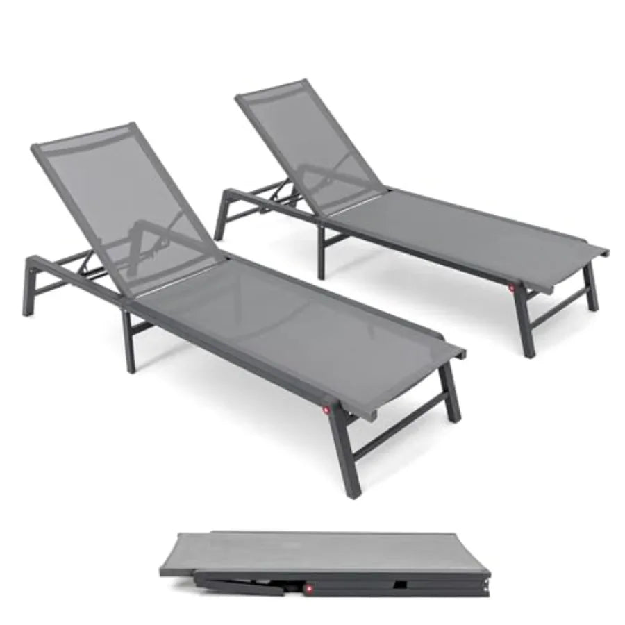 Aluminum Chaise Lounge Outdoor, Foldable Assemble-Free, 5-Adjustable Backrest, Gray/Beige, Lightweight Rust-Resistant for Pools