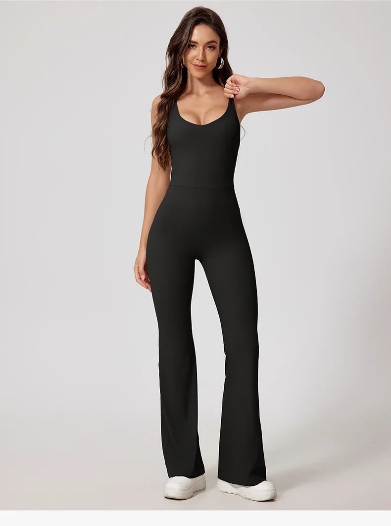 Women Thread Yoga Jumpsuit Sleeveless Gym Tracksuits Flared Overalls Workout Bodysuits Sportswear Female Sports One-Piece Outfit