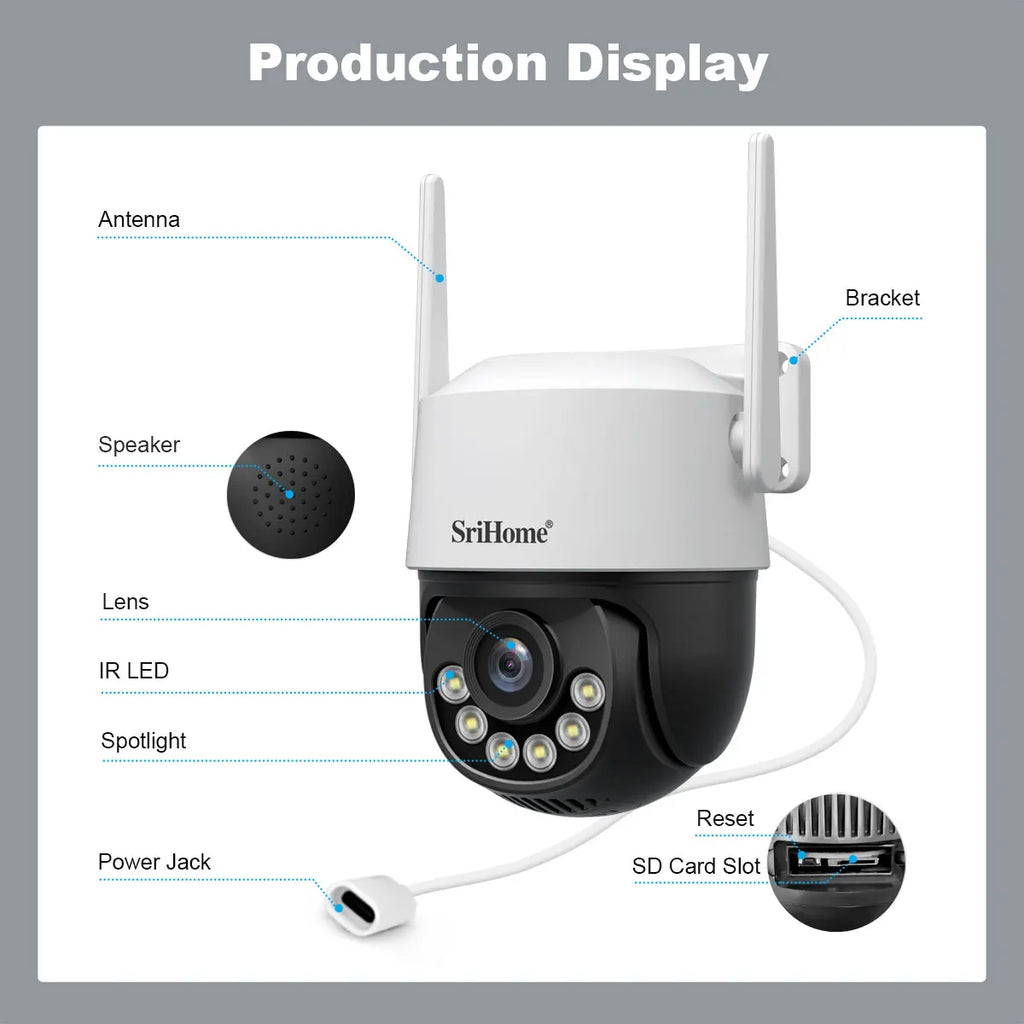 8MP 4K IP Camera 2.4G&5G WIFI Crying Detection PTZ Camera Smart Home Outdoor Camera Surveillance Monitor Srihome Wireless Camera