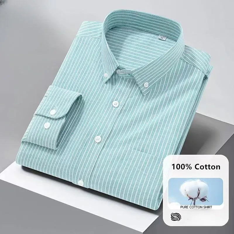 High Quality Men's Dress Shirts Long Sleeve Spring Autumn 100% Cotton Oxford Causal Stripe Social Slim White Man Clothing 5XL