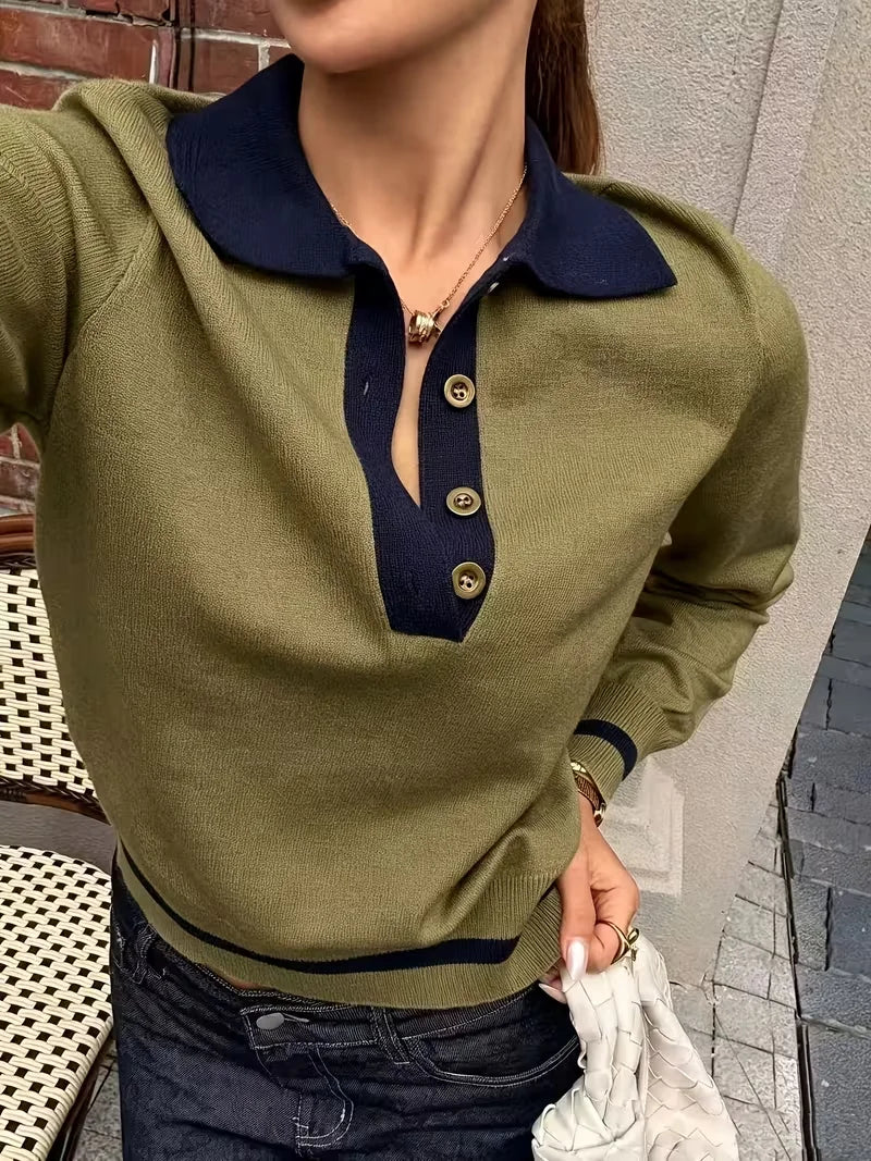 Korean Style Color Block Polo Neck Knitwear Women's Slim Fit Long Sleeve Base Shirt Autumn Winter Fashion Casual Top