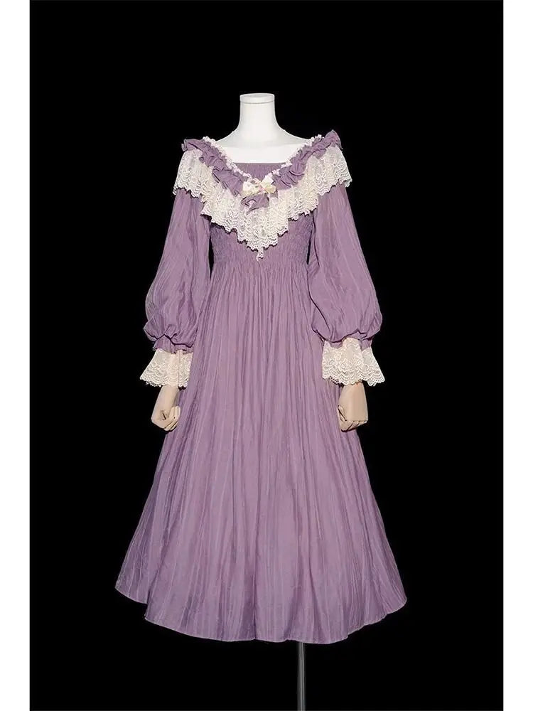 Nicemix Purple Classic Vintage Lantern Sleeve Lolita Dress Spring Lace Spliced Sweet Slimming A-line Dress