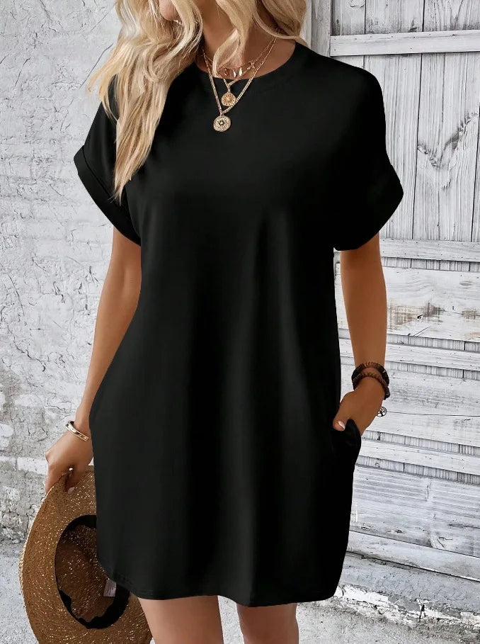 New women's spring and summer fashionable temperament casual commuting solid color round neck loose short sleeved pocket dress