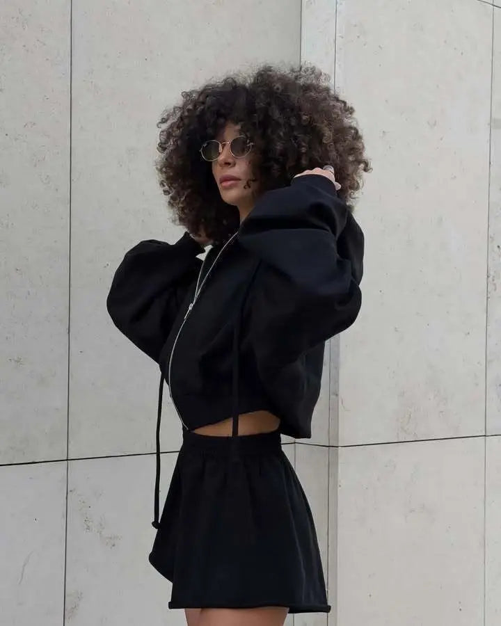 Women's Outfit Long-Sleeve Hooded Drawstring Sweatshirt Shorts Set Two-Piece Sets Sports Suit Sportswear Streetwear Trendy