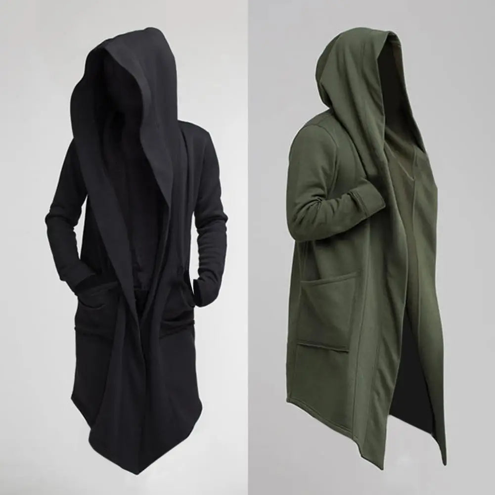 Oversize Men Coat Long Turn-down Collar Big Hat Cardigan Trench Coat Hooded Oblique Hem Big Pockets Men Windbreaker Outwear