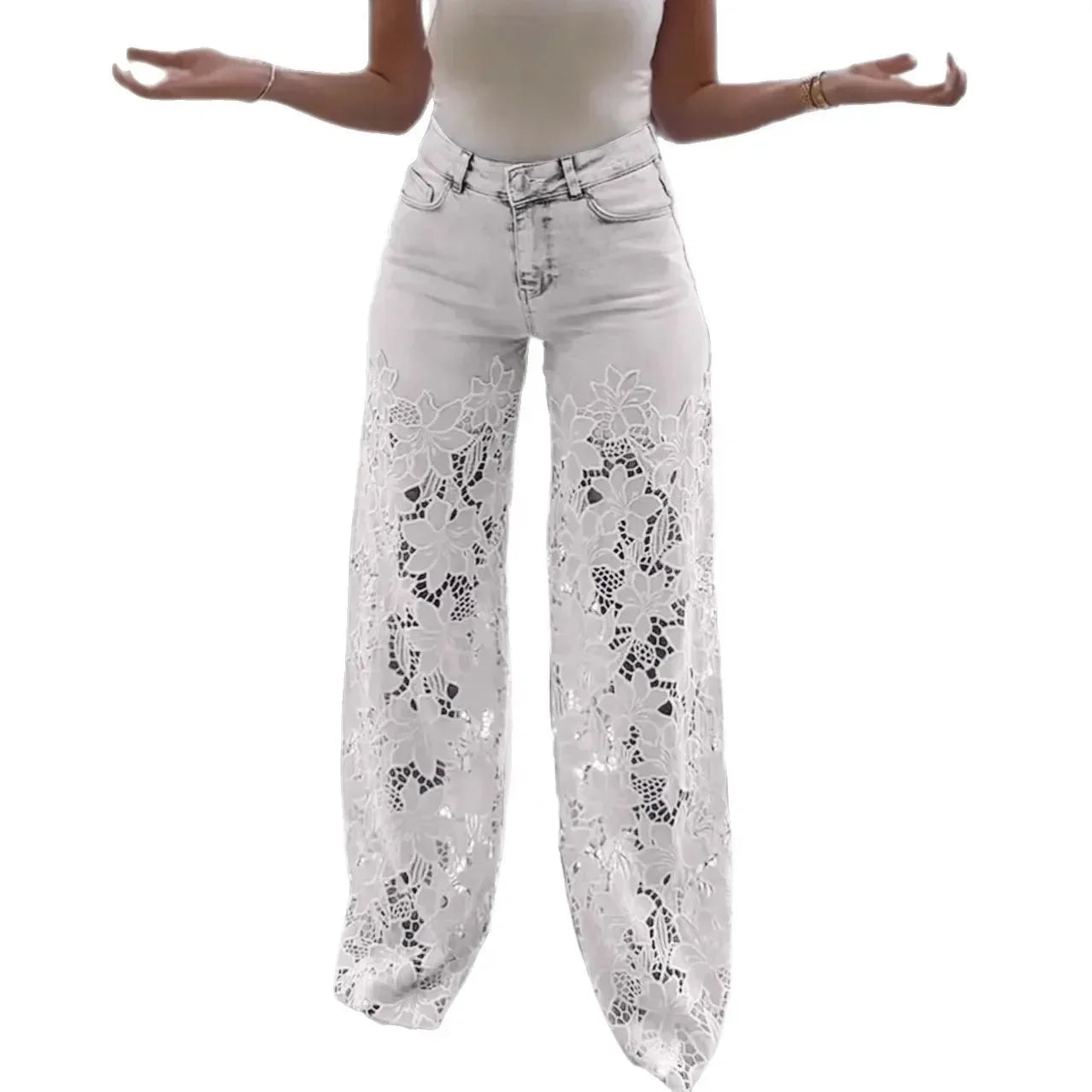 Denim Wide Leg Pants Women Jeans Lace Hollow Out High Waist Washed Distressed 2025 Straight Trousers Floor Length Streetwear