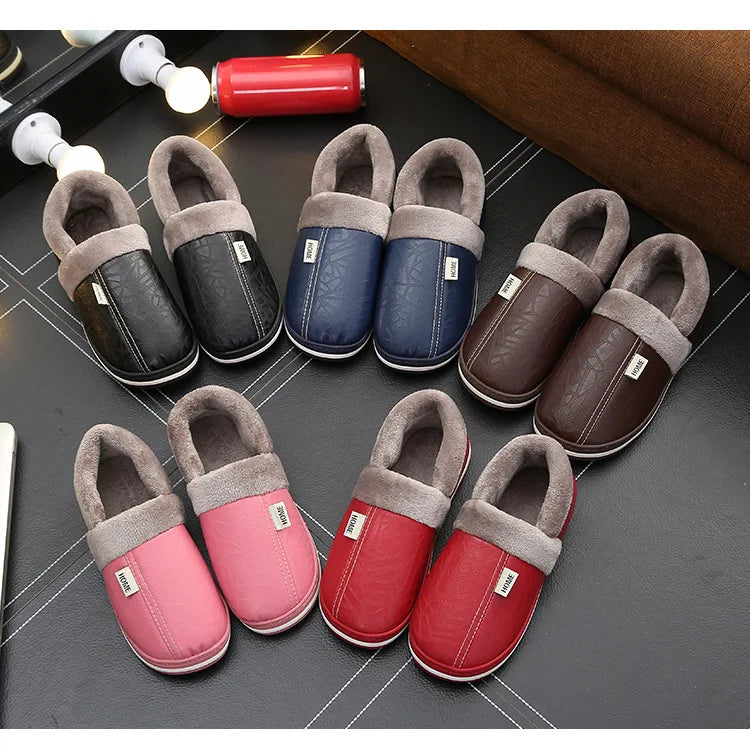 Big Size 50-51 Men Slippers Winter PU Leather Warm Indoor Waterproof Home Furry Flats Couples Slides Bedroom Non Slip Shoes