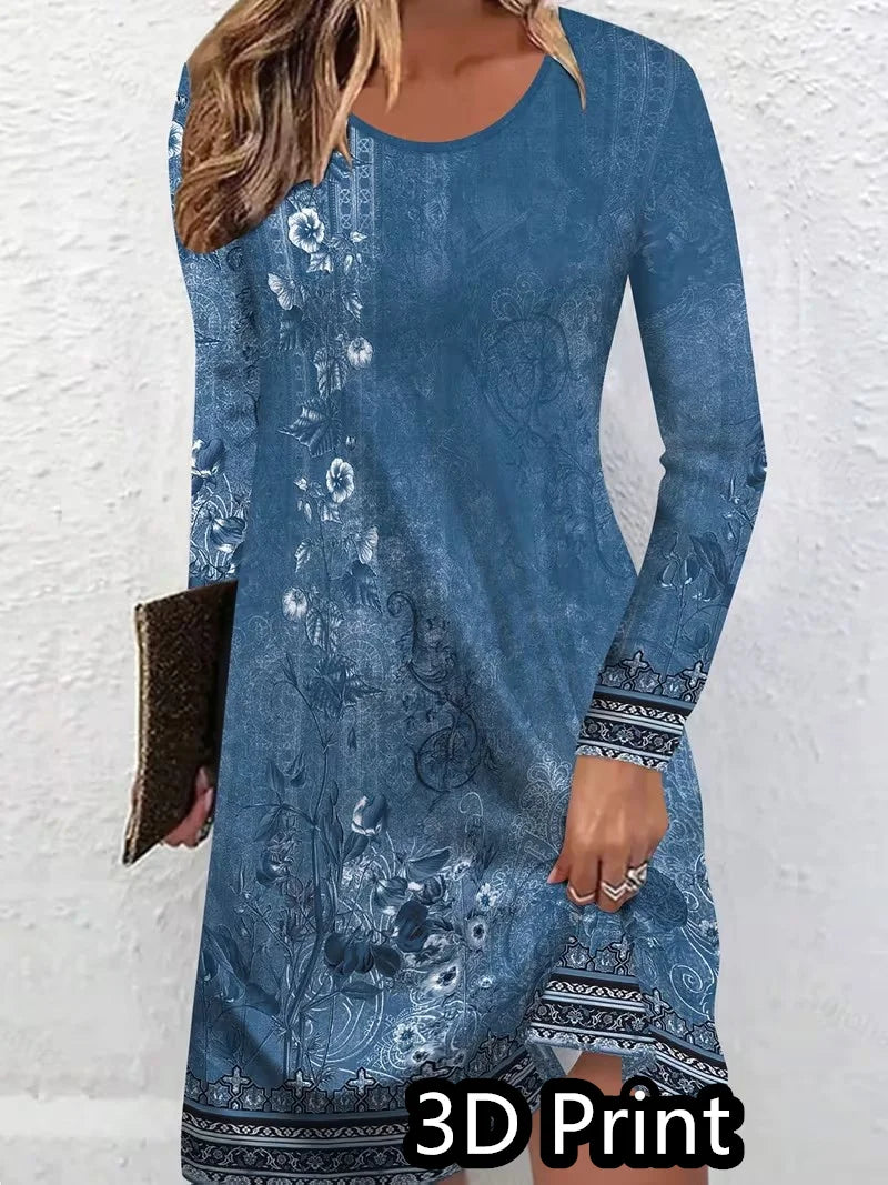 3D retro printed dress, women's autumn long sleeved round neck casual mini A-line dress Vestidos De Mujer