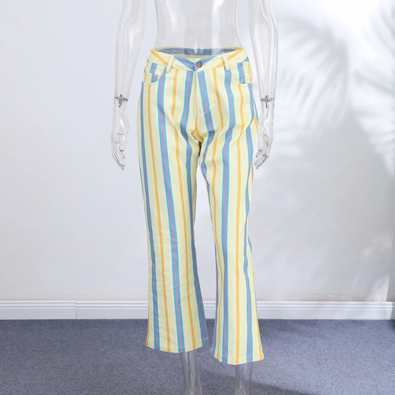 Women Striped Trousers Curved Knife Jeans  High Waist Contrasting Color Loose Versatile Casual Long Pants Women's Aladdin Pants