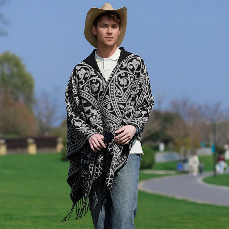 2025 New Men's Imitation Wool Cape Shawl Cross-border Hot Selling Hooded Woven Slit Cape Autumn and Winter Poncho Cloak P8