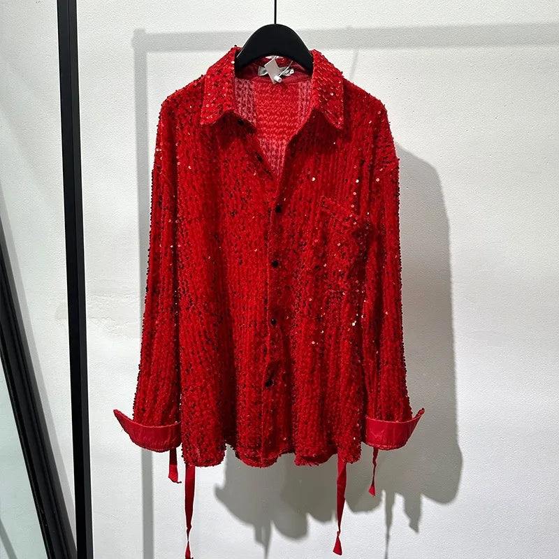 Spring Autumn Men's Sequins Shirt Solid Color Luxury Lapel Single Breasted Long Sleeve American Fashion Party Shining Shirts