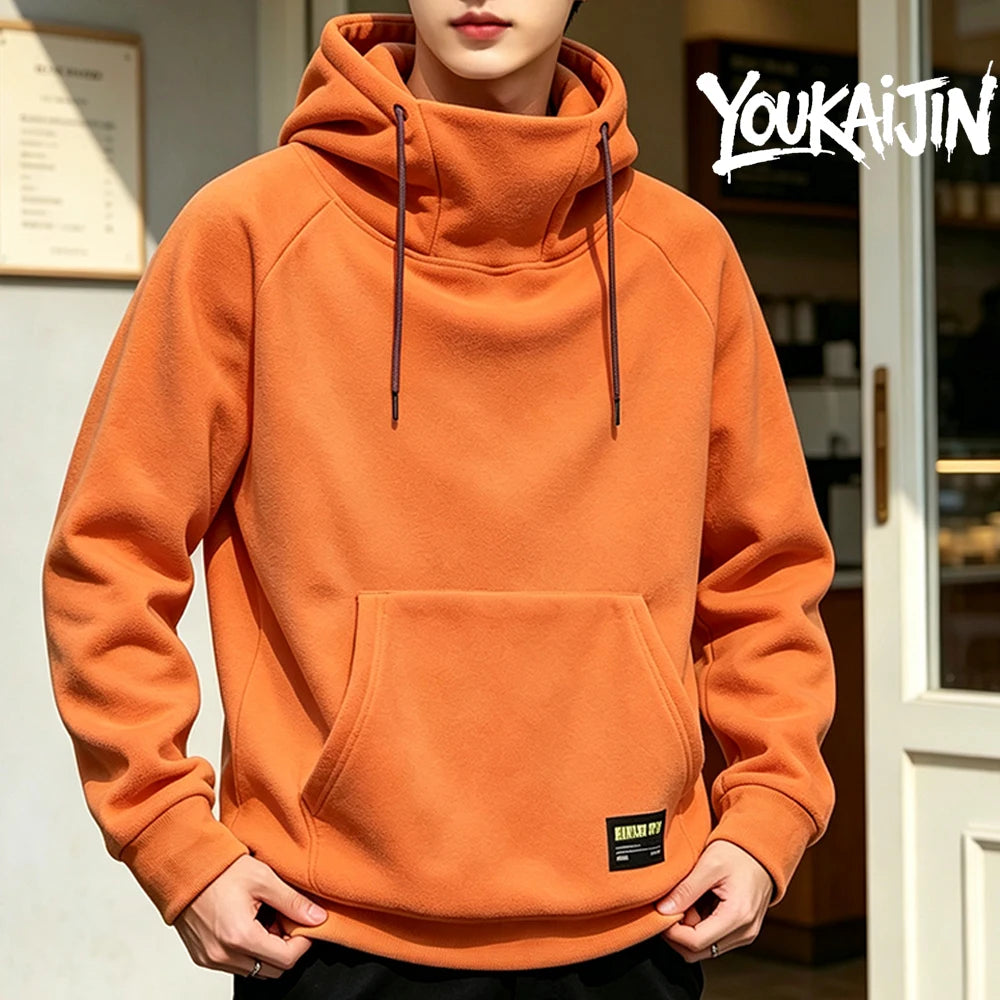 Men's Polar Fleece Sweatshirt Solid Color Street Style Autumn Winter Hood Sports Windproof Oversized High Collar Hoodie 5XL