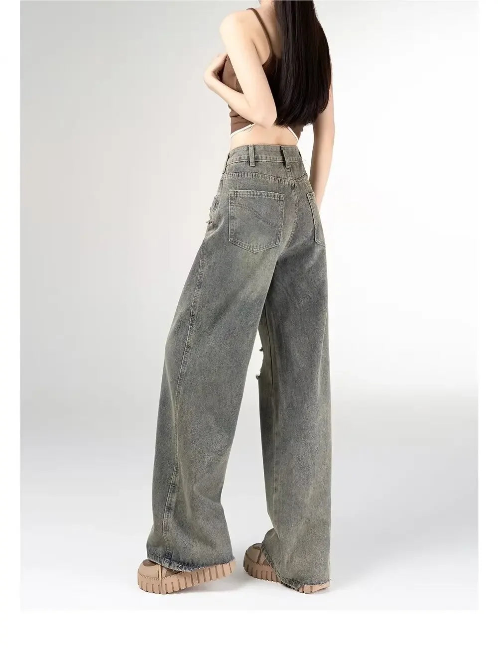 Women's Vintage Distressed Jeans High Waist Wide Leg Straight Denim Pants Loose Fit Summer Trousers 2025