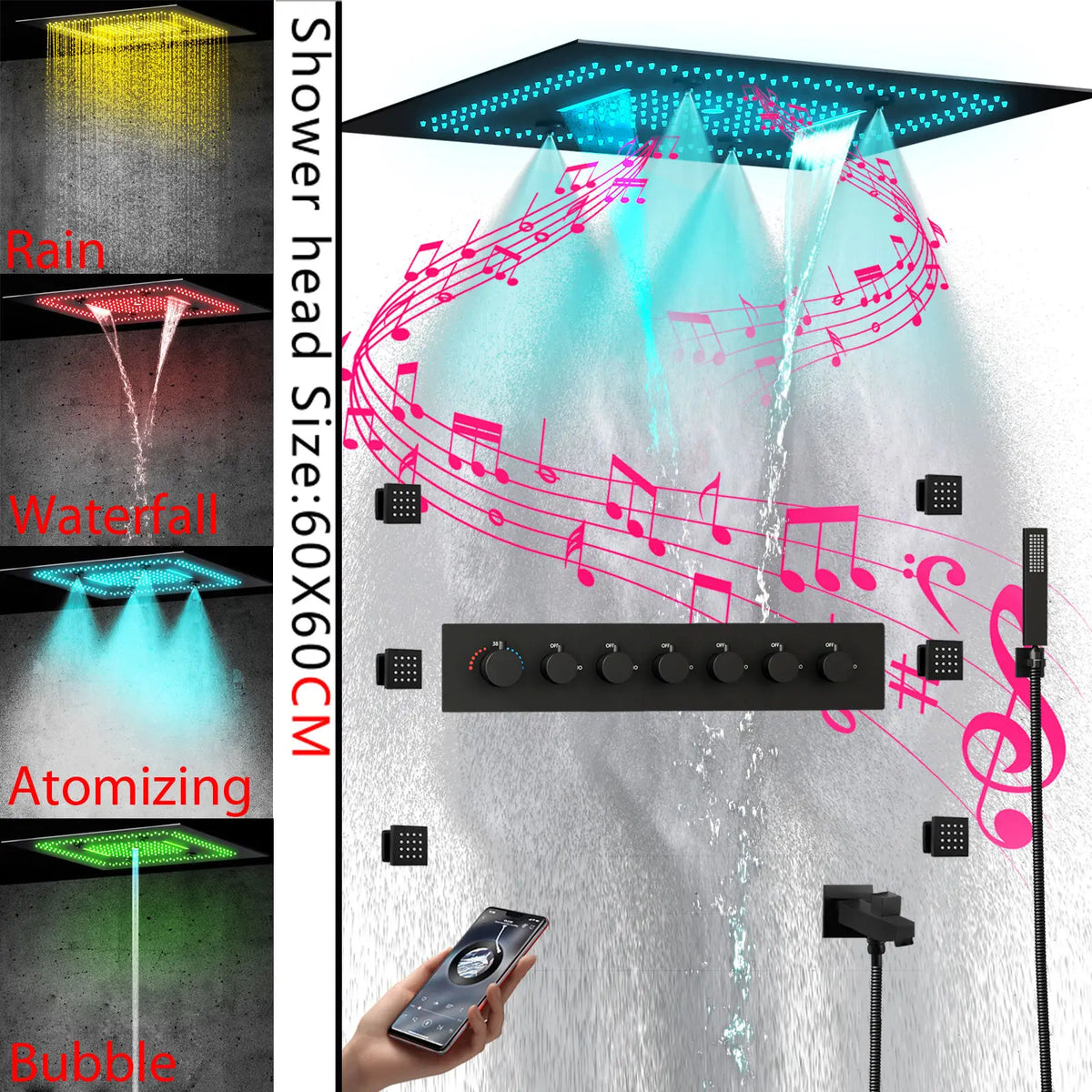 Matte Black 800*600mm LED Music Shower Head Rain Waterfall Misty Thermostatic Faucet Ceramic Valve Wall Mounted for Bathroom