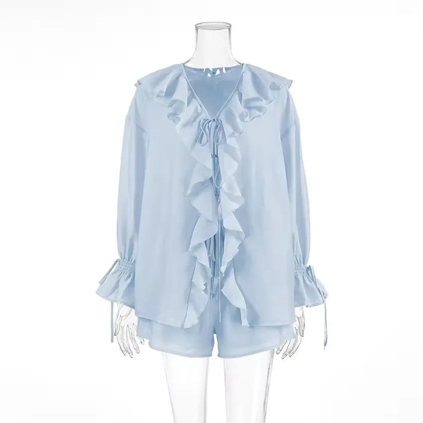 New Casual Shorts Two-piece Set For Women Ruffled Loose Lace-up Top Simple Shorts Suit Office Ladies Summer Women's Shorts Suit