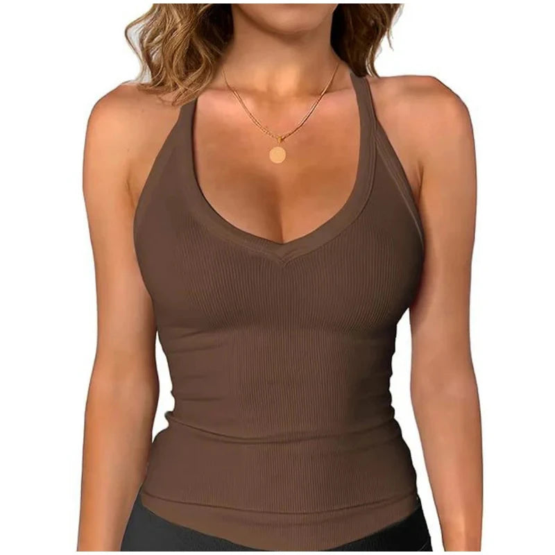 Lady Sexy V-neck Camisole Halter Top With Built In Bra Tank Tops Casual Summer Cotton Padded Sport Vest Breathable Hot Girl Vest